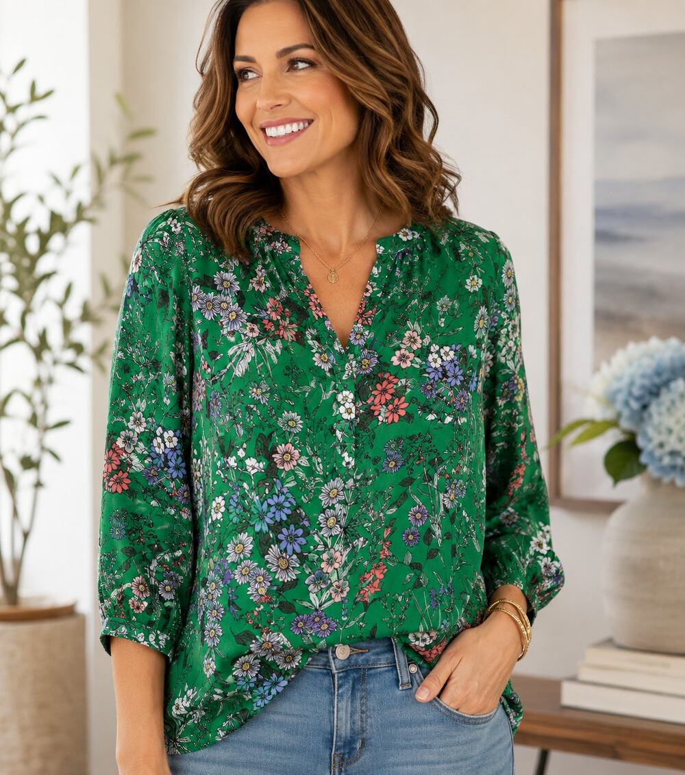Dalia V-Neck Floral Print Blouse. vibrant Kelly green base Size fitted XL
